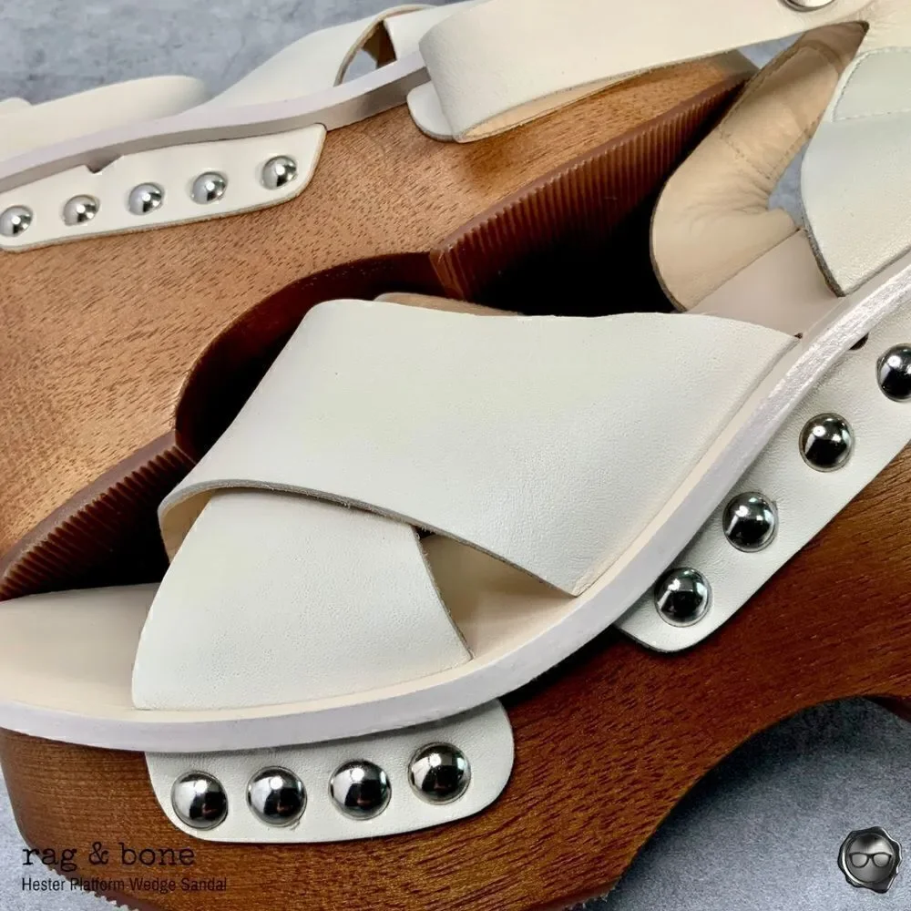 RAG & BONE HESTER LEATHER ANKLE-STRAP WEDGE PLATFORM SANDALS IN IVORY SIZE 9